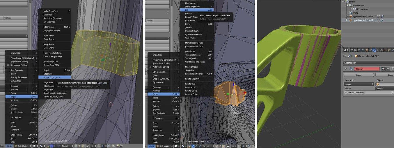 Blender 中显示的桥接、孔填充和布尔函数。