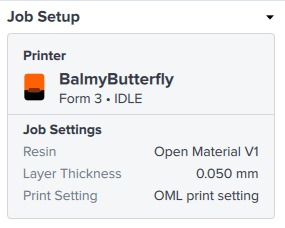 PreForm Job Setup card showing an Open Material selected