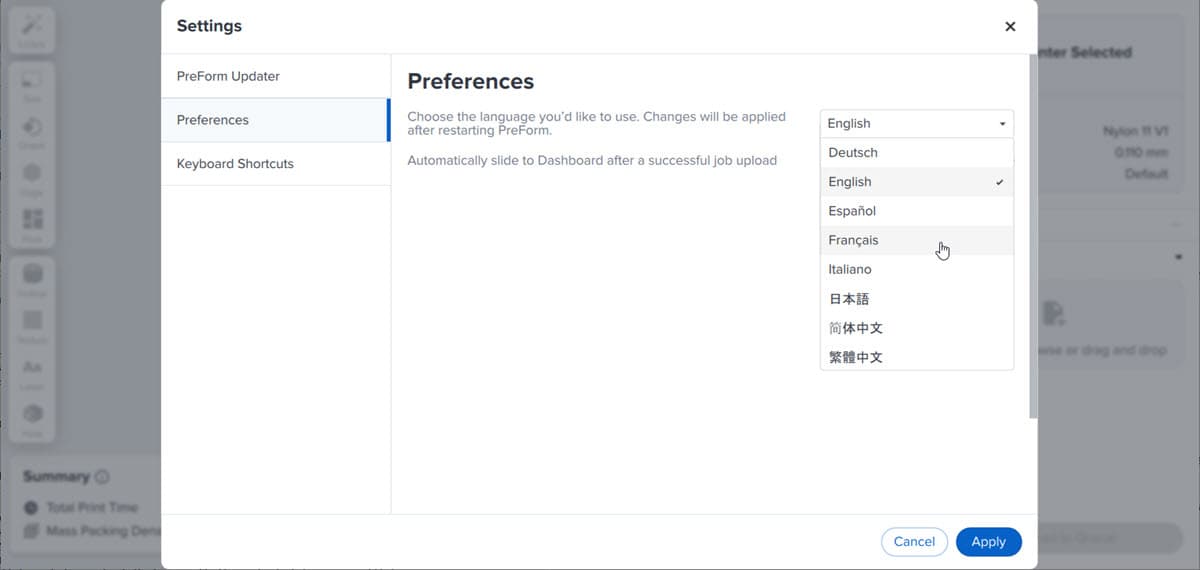 在 PreForm 中更改语言。