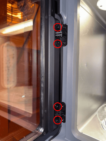 Form Cure (2nd Generation) with door open and door hinge screws annotated.