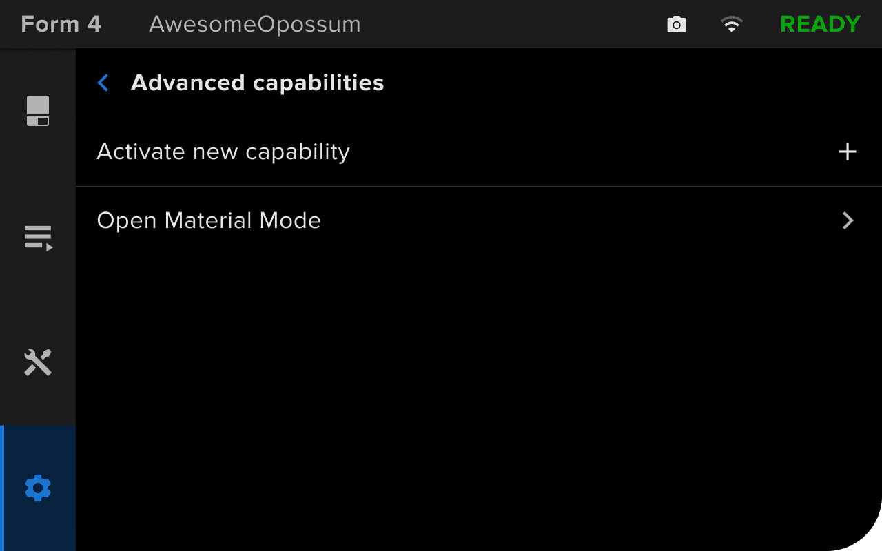 Open Material Mode activated on a Form 4 generation printer