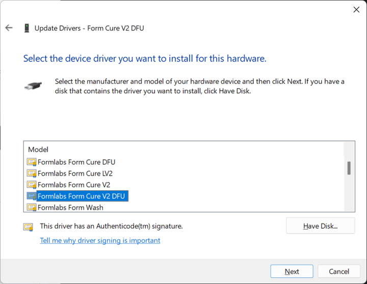 在 Windows 上更新 Form Wash 或 Form Cure 驱动程序