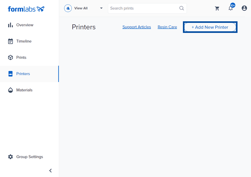 Dashboard 中的“Add New Printer”(添加新打印机)按钮