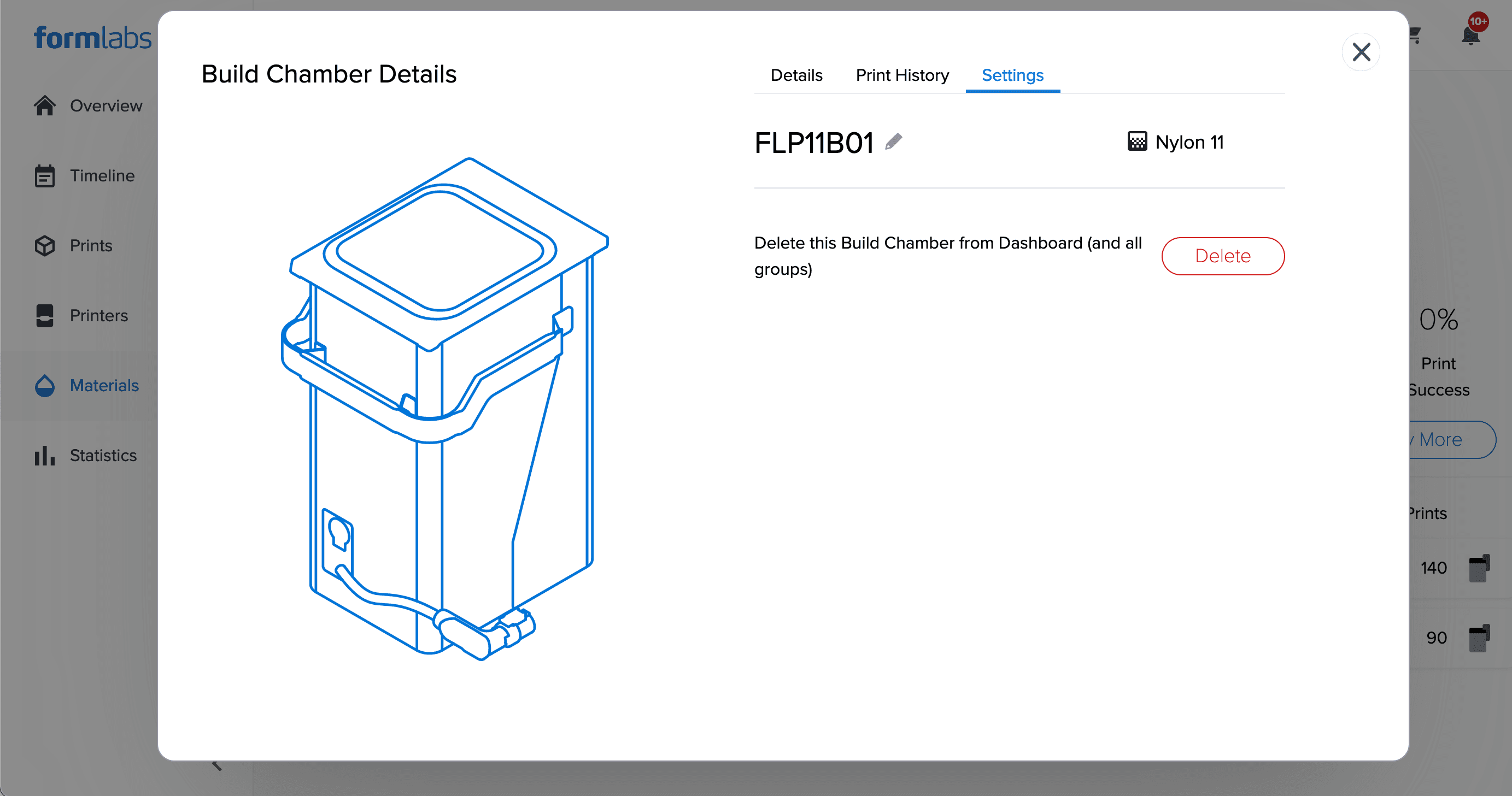 显示 Build Chamber Details(成型室详细信息)界面的 Settings(设置)选项卡,显示从 Dashboard 删除树脂槽的选项。