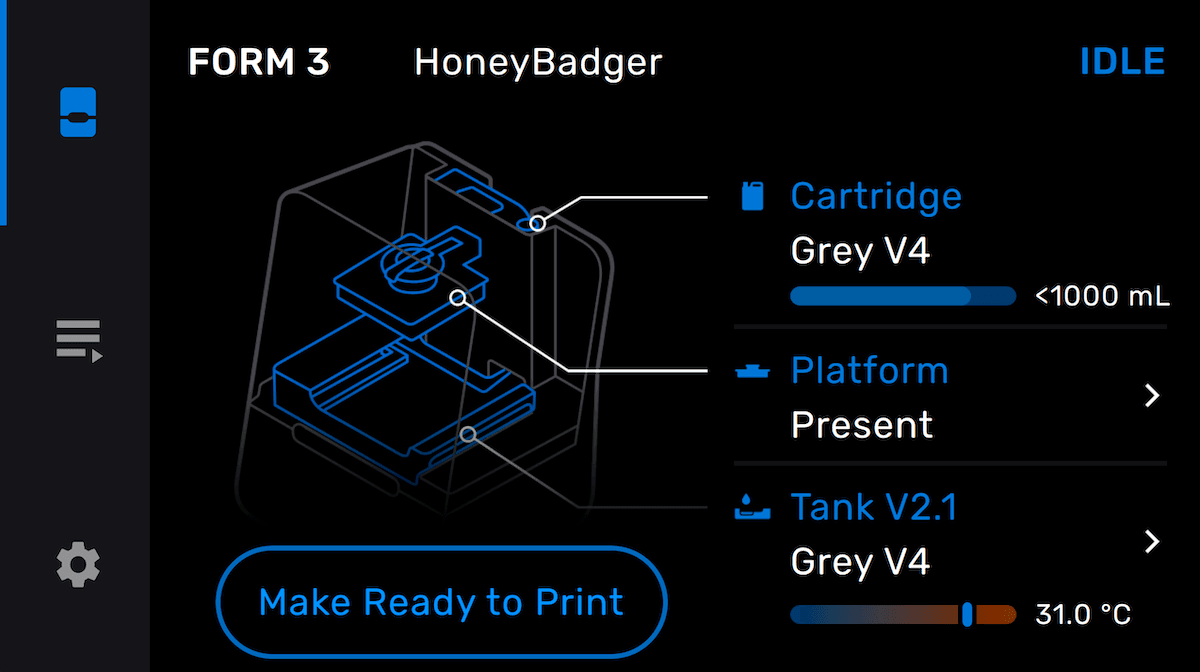显示 Make Ready to Print(准备打印)按钮的 Form 3