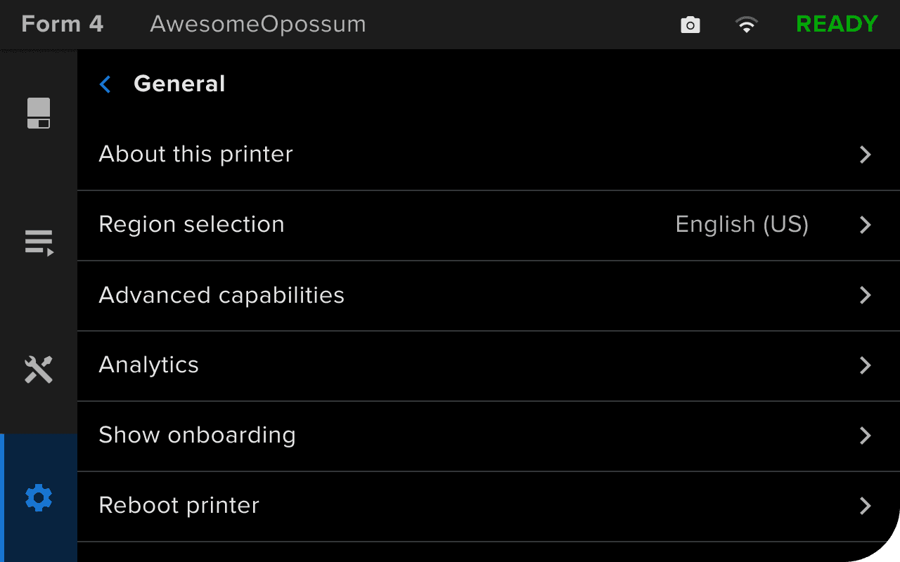 The Settings > General screen on a Form 4 generation printer