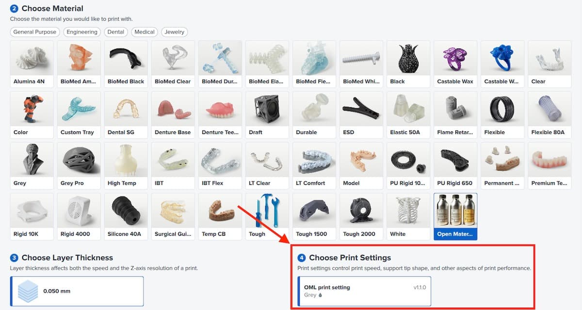 Selecting a print setting for an Open Material in PreForm