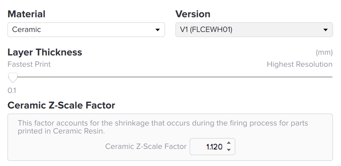 PreForm 的 Print Setup(打印设置)对话框显示了调整 Ceramic Resin V1 Z-Scale Factor(Z 轴缩放系数)的选项