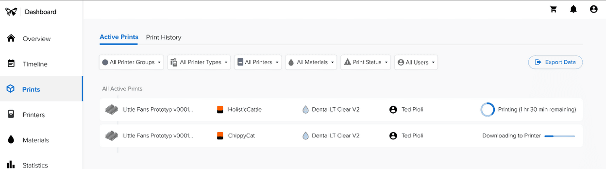 Dashboard 中的 Prints(打印)页面