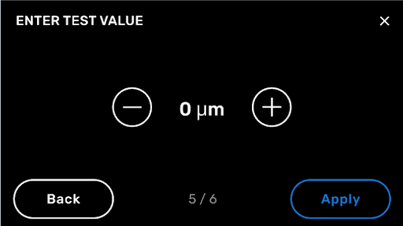 A printer touchscreen showing the Enter Test Value screen.