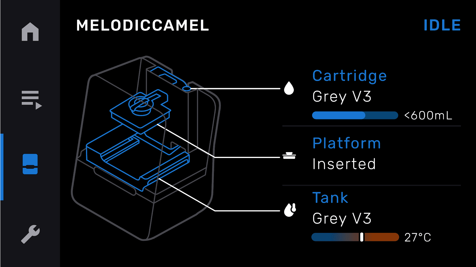 The Form 3’s touchscreen displays the inserted consumables