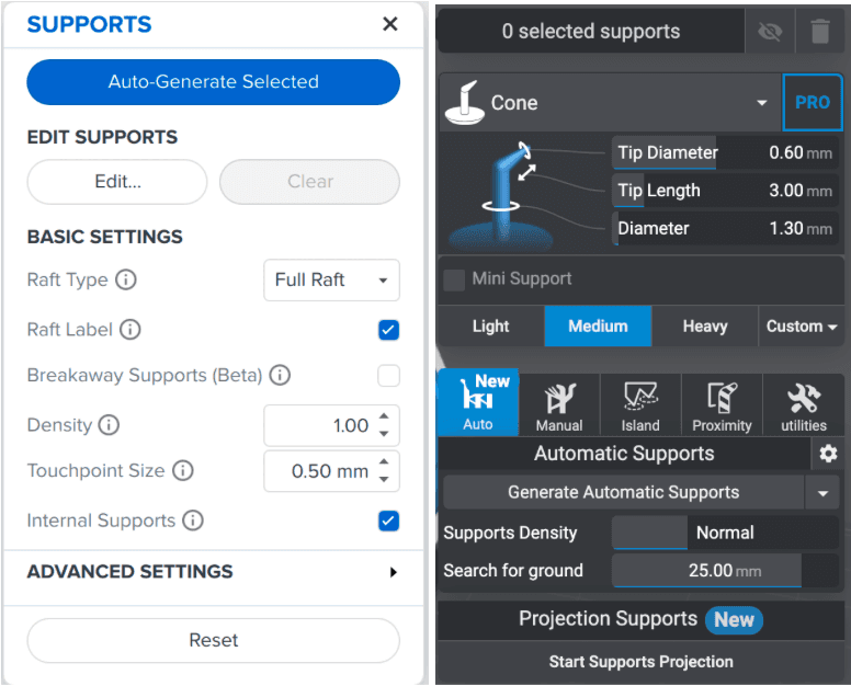 PreForm 和 Lychee 自动生成支撑结构工具的并排截图
