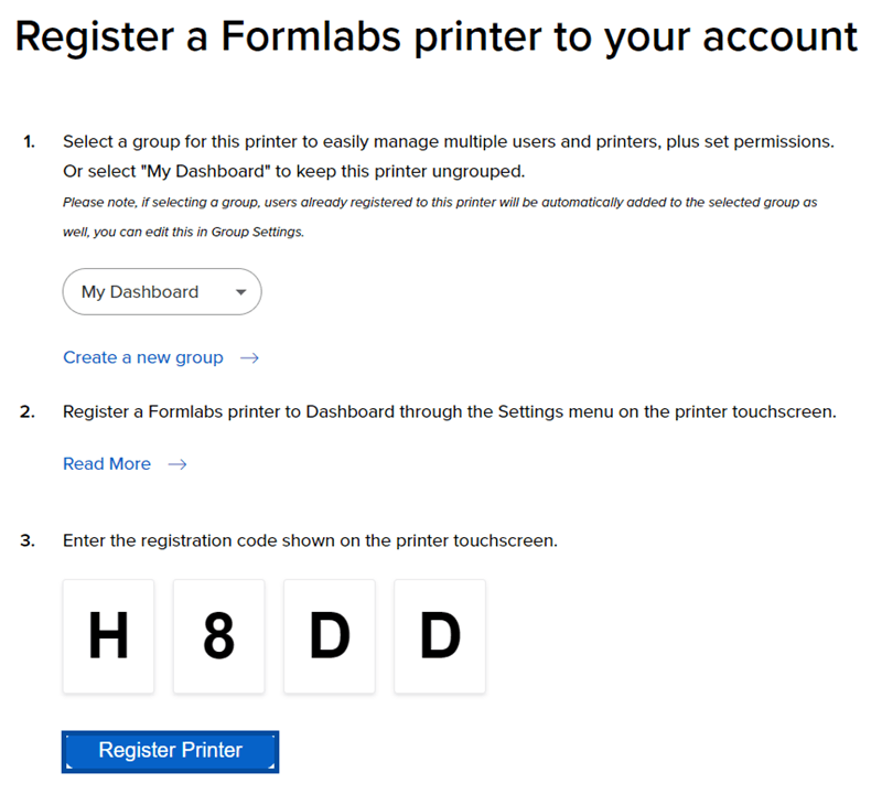 Dashboard 中的“Register Printer”(注册打印机)按钮