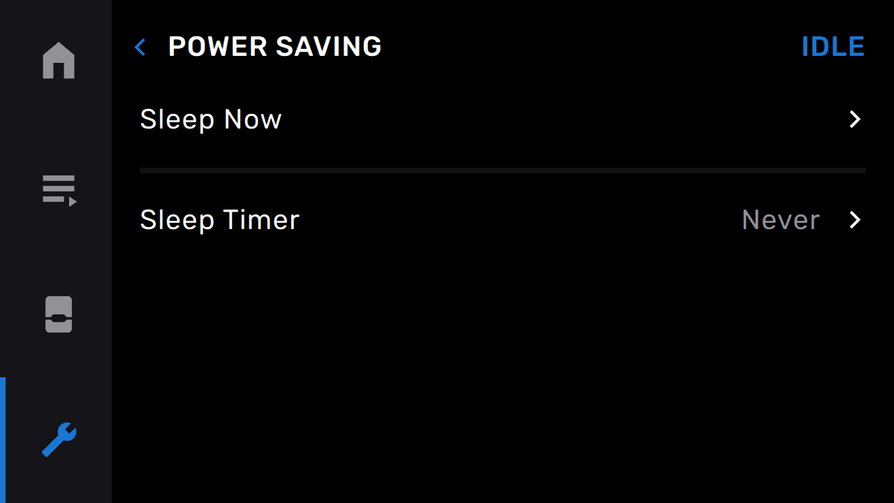 打印机触摸屏显示“Power Saving”(节能)菜单,其中包含以下两个选项:用于明确进入睡眠模式的“Sleep Now”(立即睡眠)选项,用于稍后进入睡眠模式的“Sleep Timer”(睡眠定时器)选项
