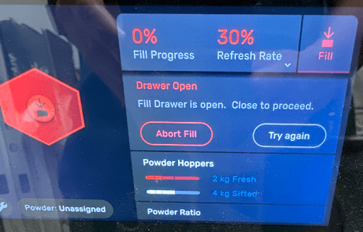 Fuse Sift touchscreen showing the Drawer Open message