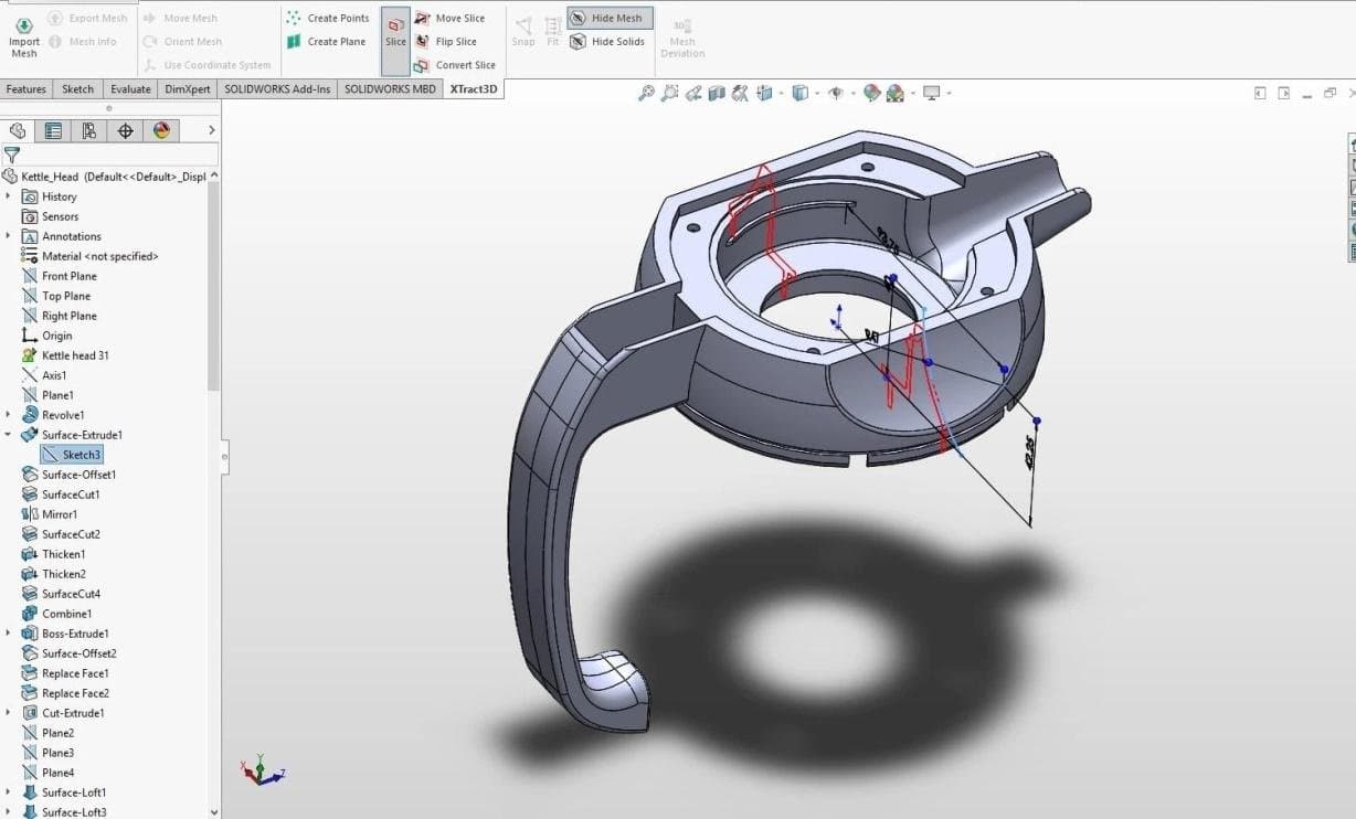 Xtract3D for SolidWorks 提供了足够的功能,可根据 3D 扫描数据复制消费品,如水壶盖。