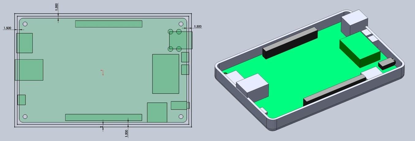 3D 打印卡扣-增加电子元件周边与外壳间距(左图)。在 3D 模型中构建底部外壳壁(右)。