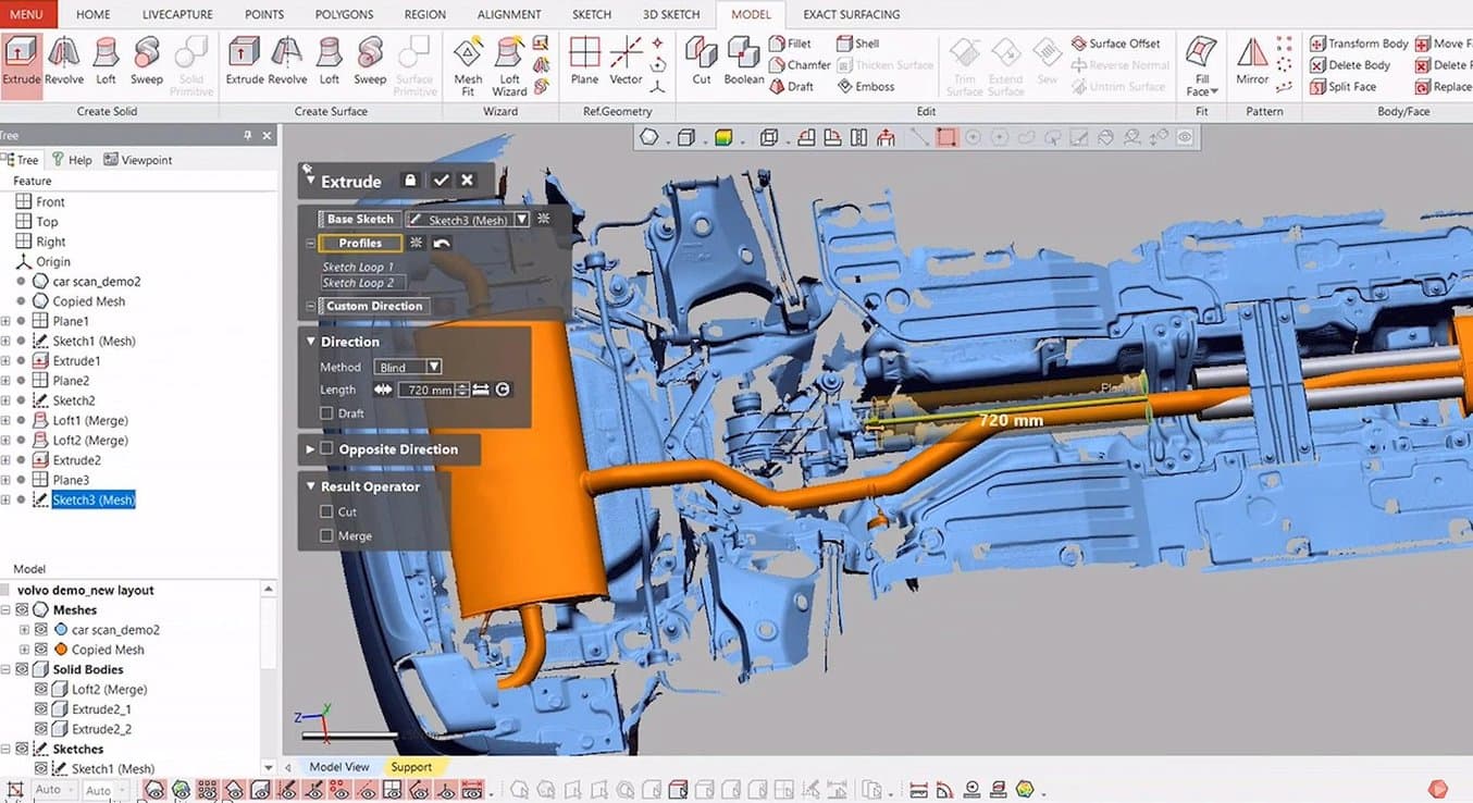 Artec Studio 支持逆向工程师在一小时内对沃尔沃 XC90 车身底座进行 3D 扫描并复制部件,以开发新的排气系统。