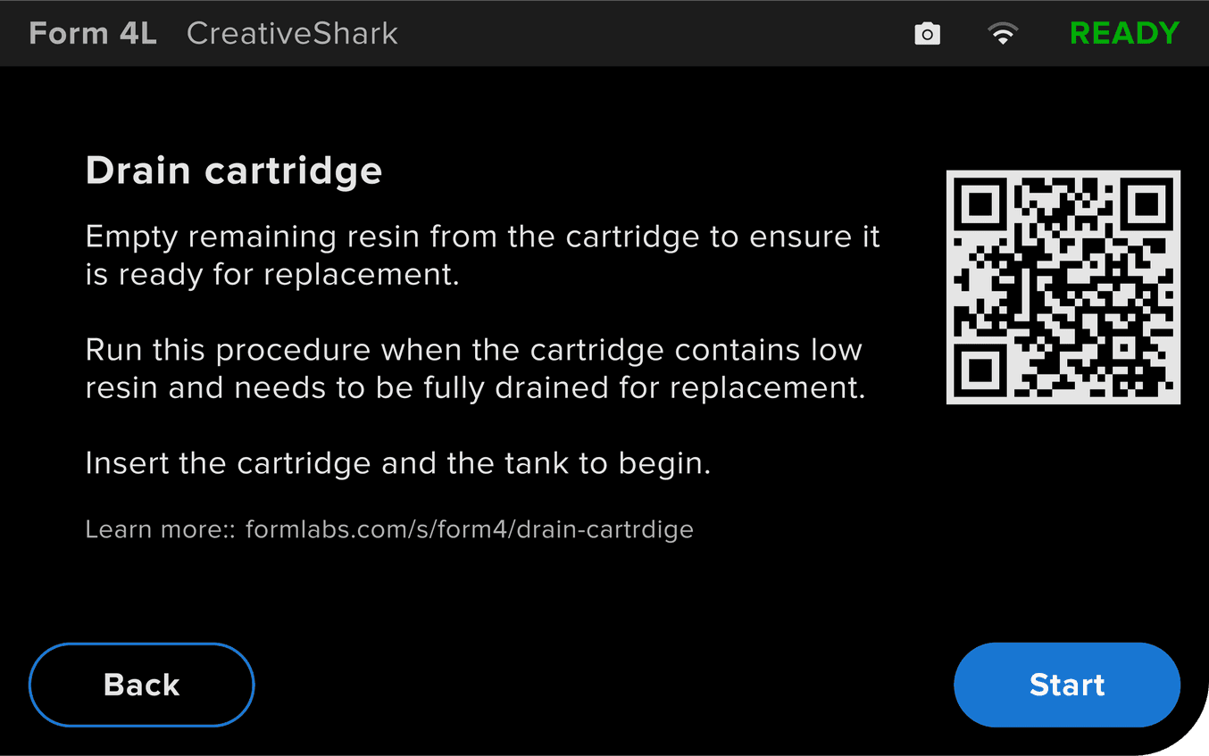 Form 4L 3D 打印机上的“排空树脂盒”屏幕截图