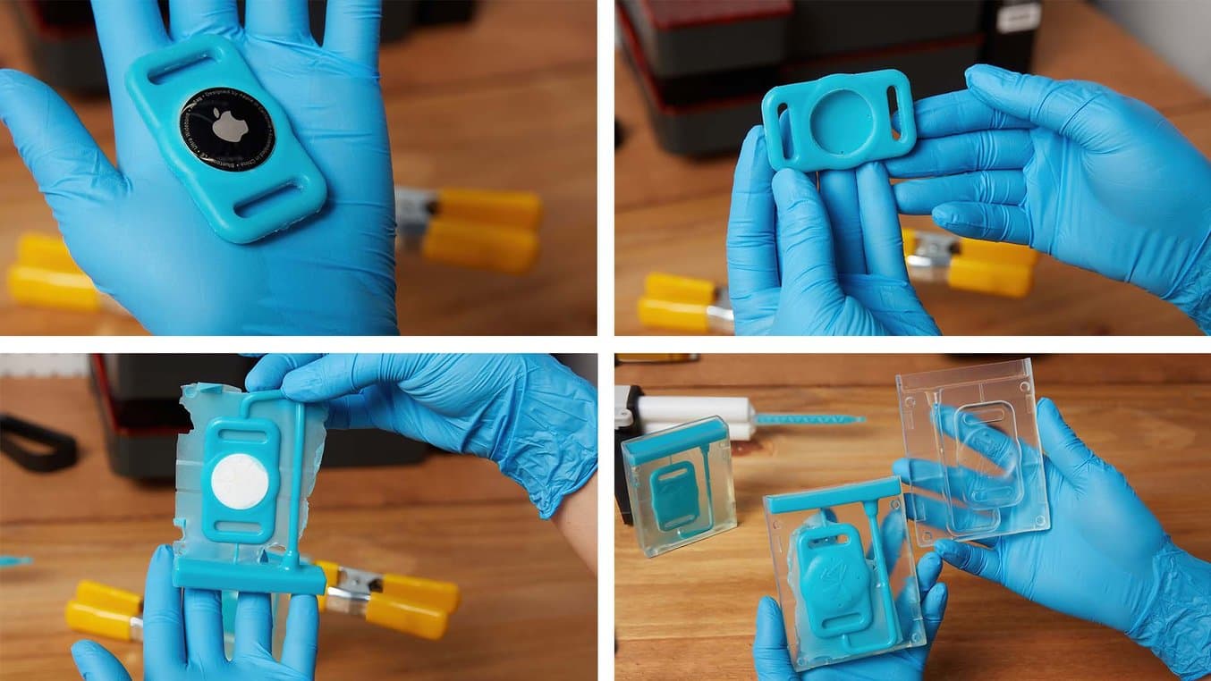 脱模并修剪多余的铸造硅胶,最后得到了利用 3D 打印和硅胶铸造制成的可容纳 Apple AirTag 设备的钥匙扣。