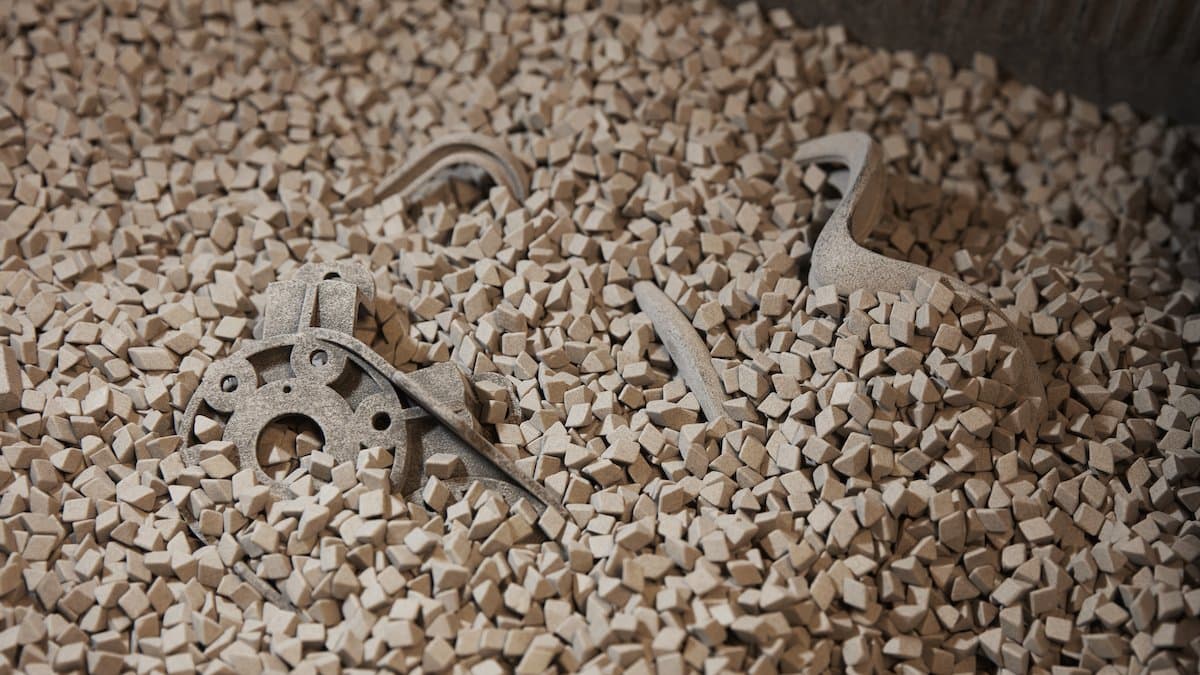 在充满滚磨介质的处理室中的 SLS 3D 打印部件