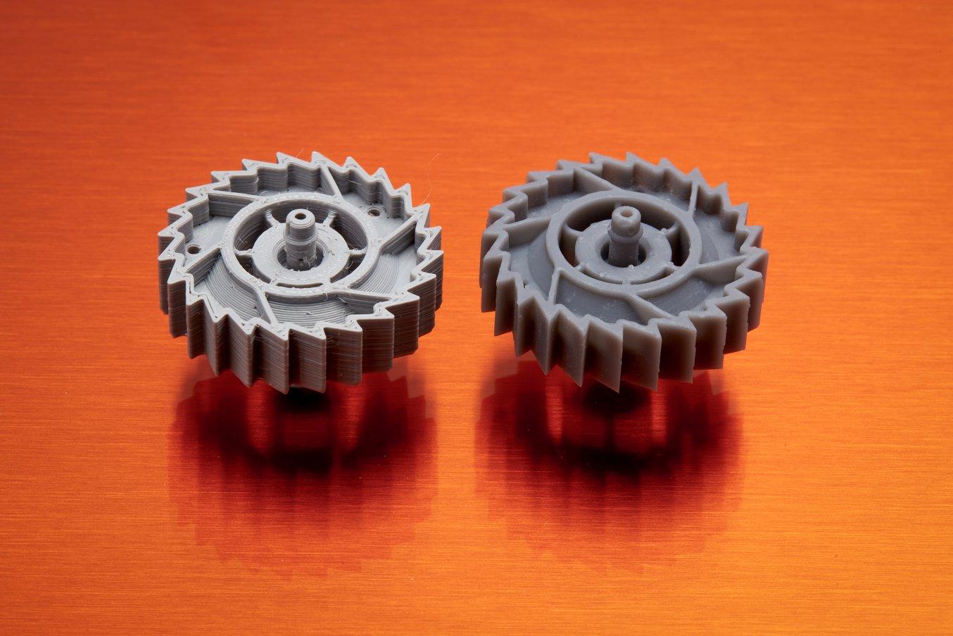 Thanks to the highly precise laser, SLA 3D printers are better for manufacturing complex parts (FDM part on the left, SLA part on the right).