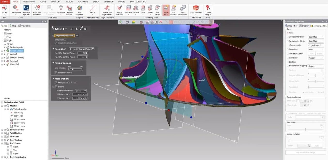 凭借先进的曲面重建工具,Geomagic Design X 可以处理复杂的逆向工程设计,例如该 3D 扫描涡轮增压器叶轮。